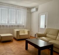 Living room in a two-room apartment with a cream sofa and a wooden decor floor.