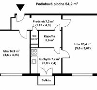 Floor plan of a 2-room apartment with an area of 54.2 m², a balcony, and a kitchen.