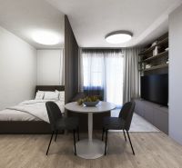 Interior of a 3-room apartment with a bed, dining table, and television.