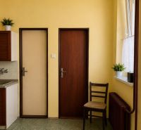 A kitchen in a family house with yellow walls, dark brown doors, and a radiator.
