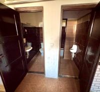 A bathroom in a family house with dark tiles and fixtures, divided into two rooms.