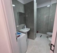 Bathroom in a 2-room apartment with a shower, washing machine, and ceramic tiles.