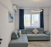 Living room in a 2-room apartment with a comfortable sofa and stylish lighting.