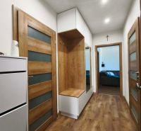 A hallway in a 3-room apartment with a wooden decor floor and wooden doors.