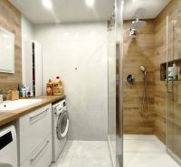 Bathroom in a 3-room apartment, shower corner with a floor featuring a wooden decor.
