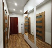 A hallway with mirrors, wooden doors, and a floor with a wooden decor in a 3-room apartment.