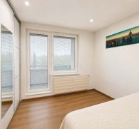 Bedroom in a 3-room apartment with a bed, built-in wardrobe, and floor with wood decor.