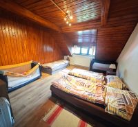 Attic room in a cottage with wooden paneling and a floor with a wooden decor.