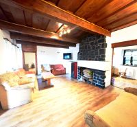 Living room in a cottage with a fireplace, sofas, and a wooden decor floor.