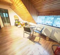 Wooden decor flooring, seating, children's toys, and a sloped ceiling in the cabin.