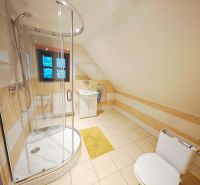 A bathroom in a cabin with a corner shower and a window view.