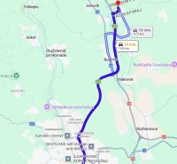 Map of the route between Košice and the area near Nová Polhora, intended for traveling by car.