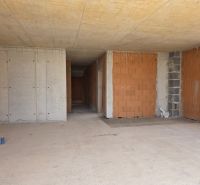 Unfinished concrete and brick walls in a 4-room apartment.