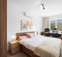 Bedroom in a 2-room apartment with wood-patterned flooring and a desk.