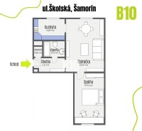 Floor plan of a 2-room apartment on Školská Street in Šamorín with a kitchen and bathroom.