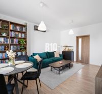 Living room in a two-room apartment with a wooden decor floor and a bookshelf.