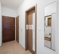 Entrance hallway with wooden doors and a mirror in a 2-room apartment.