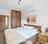 A bedroom with a bed, a dresser, and a floor with a wood decor in a two-room apartment.