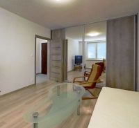 Living room in a one-room apartment with a wooden decor floor, a sofa, and a television.
