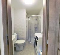 Bathroom with a shower and a washing machine in a studio apartment.