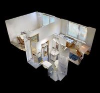 3D rendering of the interior shows the layout of rooms in a one-bedroom apartment.