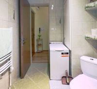 Bathroom in a 2-room apartment with a washing machine, sink, and ceramic tiles.
