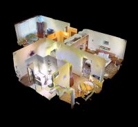 Visualization of a 2-room apartment with a bathroom, living room, and kitchen.