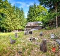 A cottage in Píla surrounded by forest with a seating area and a fire pit in the garden.
