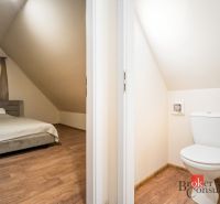 Bedroom and toilet in a cabin with a wooden decor floor.