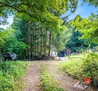 A cottage in Píla surrounded by trees and green landscape, a car parked near the forest.