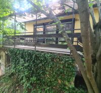 A family house in Svodín surrounded by dense greenery with a terrace covered in climbing plants.