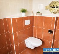A bathroom with orange tiles and a wall-hung toilet in a studio apartment.