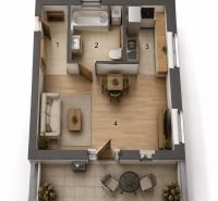 Floor plan of a 1-room apartment with wood-patterned flooring, living room, kitchen, and bathroom.