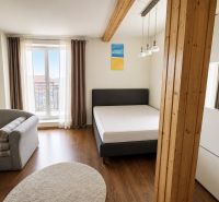 A one-room apartment with wooden floor decor, a sofa, and a bed.
