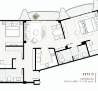Floor plan of a 3-room apartment with a spacious living area and two bedrooms.