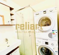 A bathroom in a studio apartment with a shower and a washer-dryer.