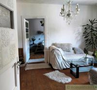 Living room in a family house with a sofa and a chandelier, floor with wood decor.