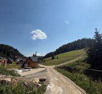 Recreational plots in Litmanová with a scenery of forest and houses, blue sky.