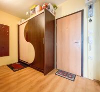 Hallway in a one-room apartment with a wooden decor floor, built-in wardrobe, and entrance door.