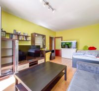 Living room with wood-patterned flooring in a studio apartment, furnished with furniture and electronics.