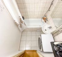 A bathroom with a shower curtain and a washing machine in a studio apartment.