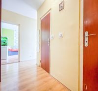 A hallway in a one-room apartment with a wooden decor floor and an open door to the room.