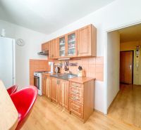 A kitchen in a one-room apartment with a countertop, red chairs, and a floor with a wooden decor.