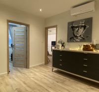 Interior of a 3-room apartment with a dresser, a portrait on the wall, and a floor with a wooden decor.