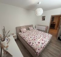 Bedroom in a 3-room apartment with a bed and a wooden decor floor.