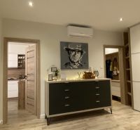 A spacious hallway with furniture, air conditioning, and a wooden decor floor in a 3-room apartment.