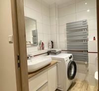 Bathroom in a 3-room apartment with a washing machine and a floor with a wooden decor.