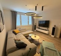 Living room with a comfortable sofa, television, and floor with wooden decor, 3-room apartment.