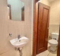 A small bathroom with a sink, mirror, and toilet in commercial premises.