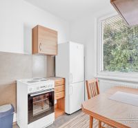 Kitchen in a studio apartment with a kitchenette, table, and refrigerator.